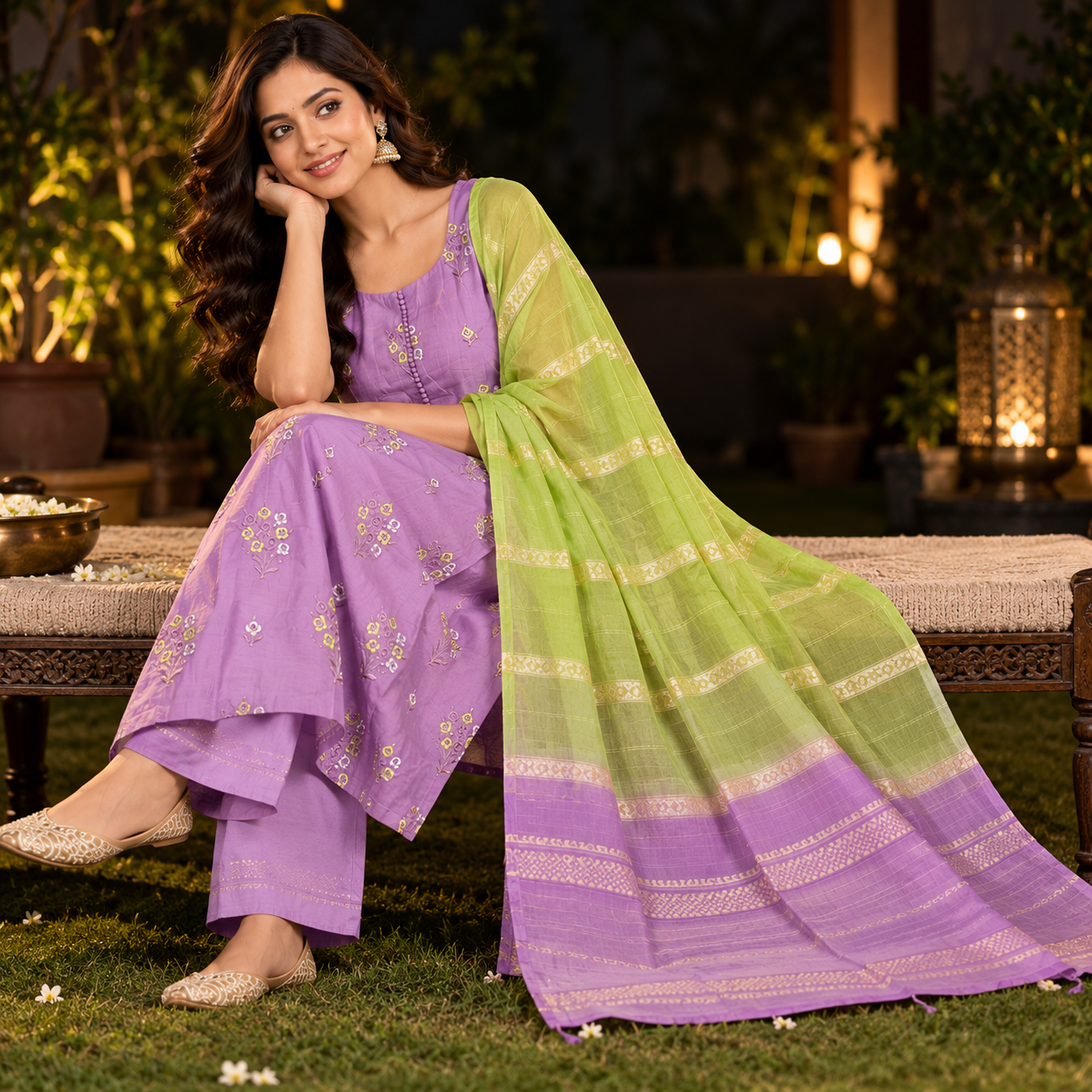 Lavender Floral Embroidered Kurta Set with Lime Green Dupatta