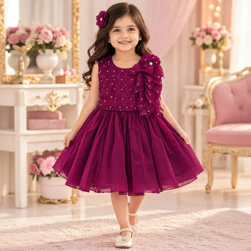 Plum Princess Party Frock for Girls – Elegant Pearl & Floral Design