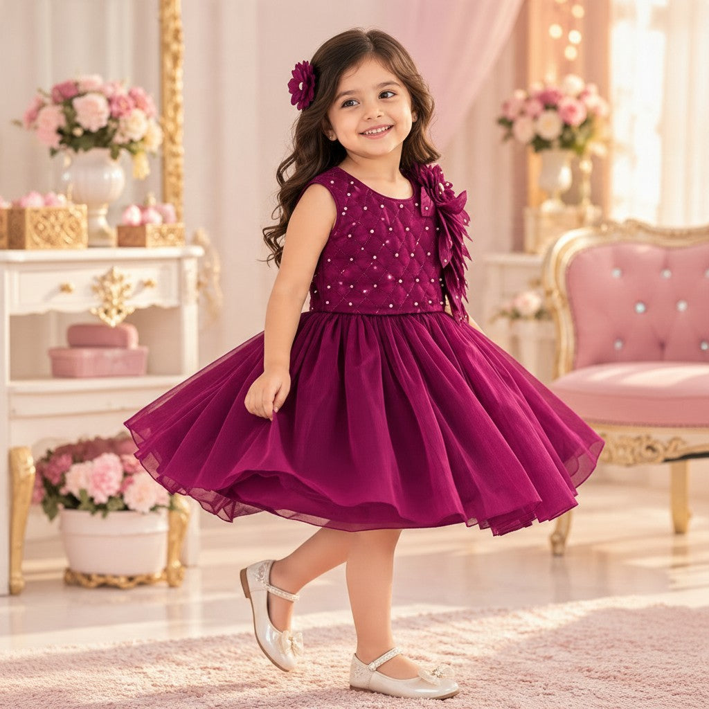 Plum Princess Party Frock for Girls – Elegant Pearl & Floral Design