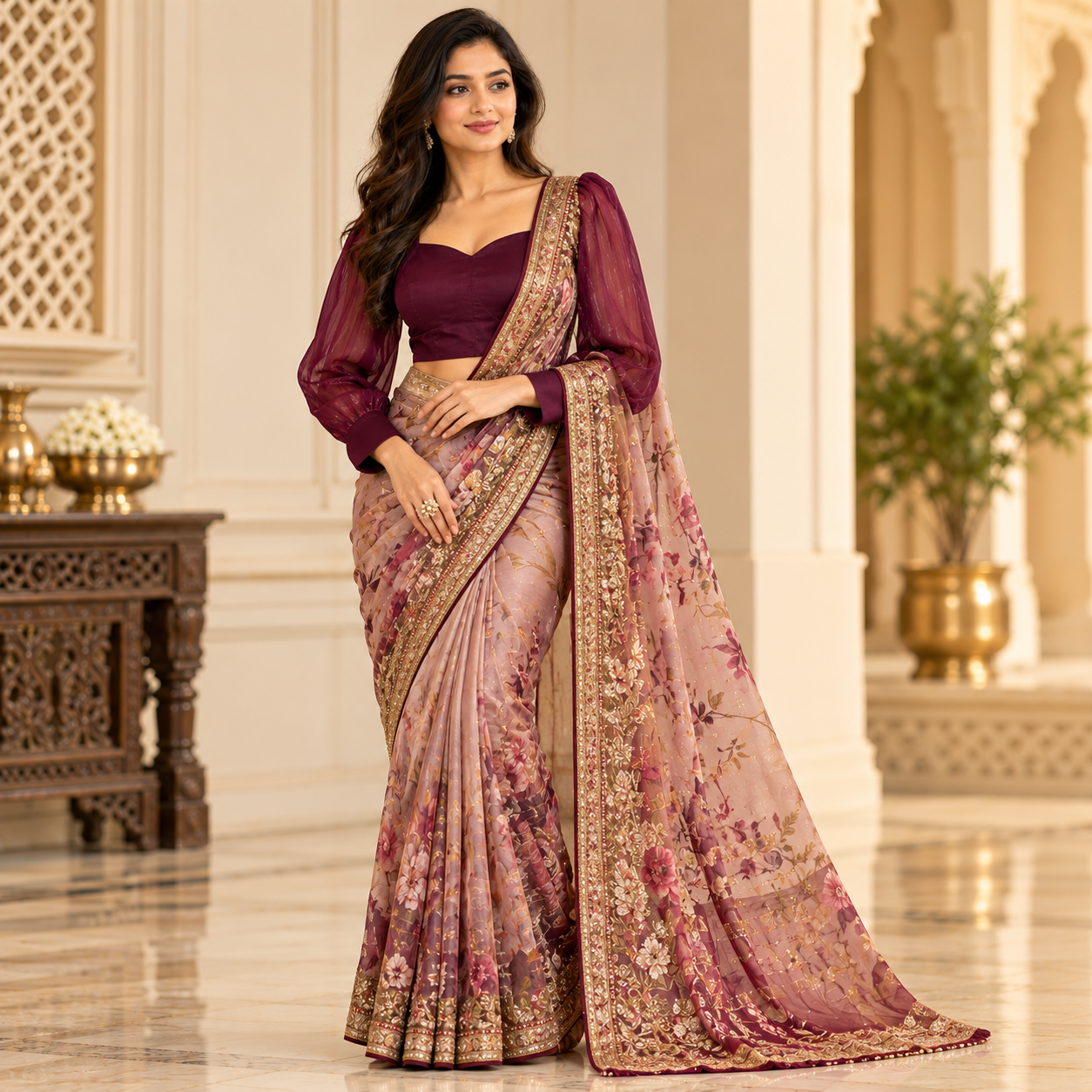 Elegant Deep Plum Sheer Puff Sleeve Designer Blouse for Women