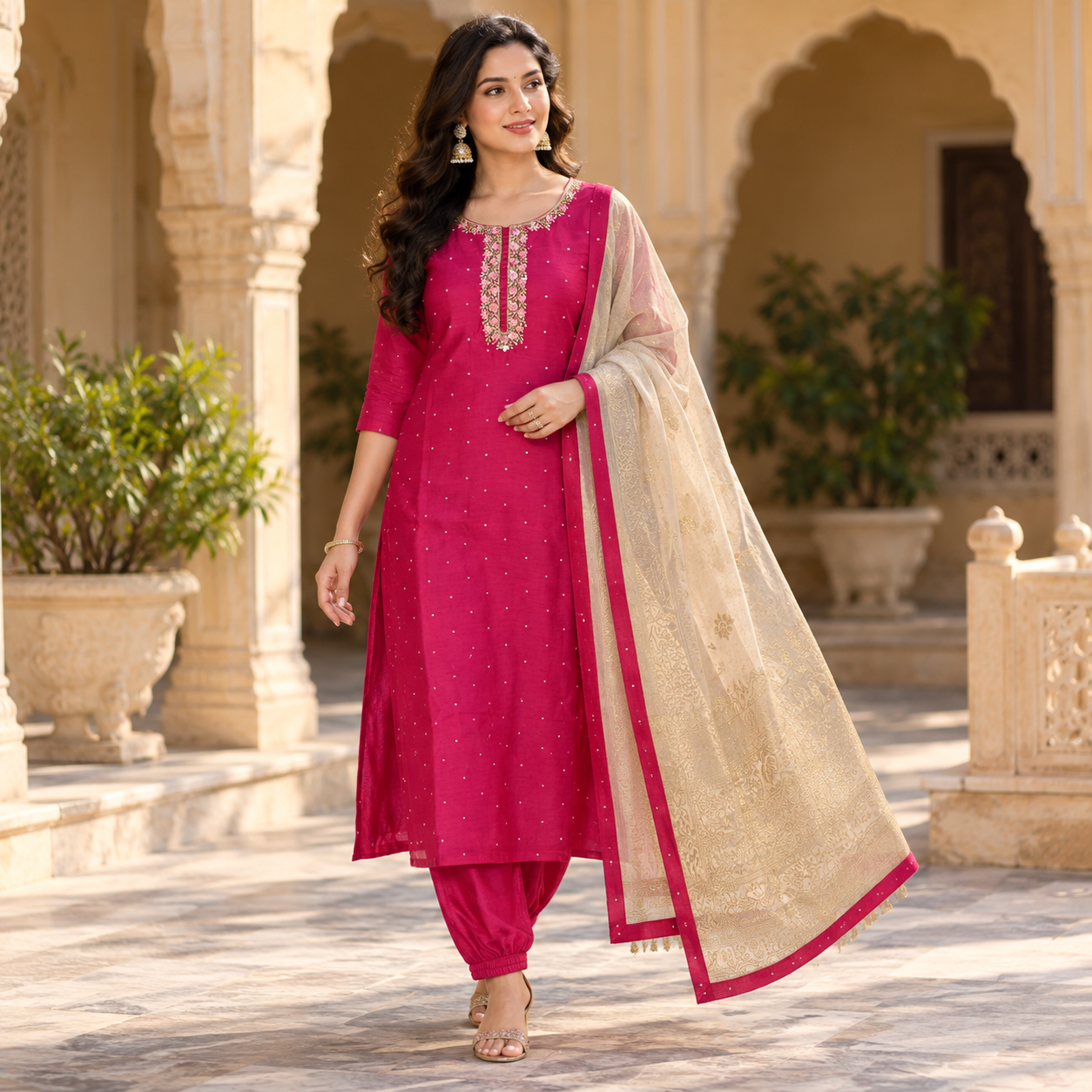 Elegant Magenta Embroidered Kurta Set with Cream Gold Banarasi Dupatta