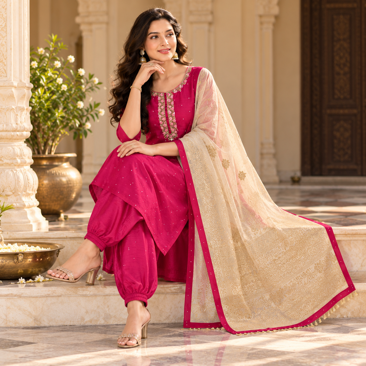 Elegant Magenta Embroidered Kurta Set with Cream Gold Banarasi Dupatta