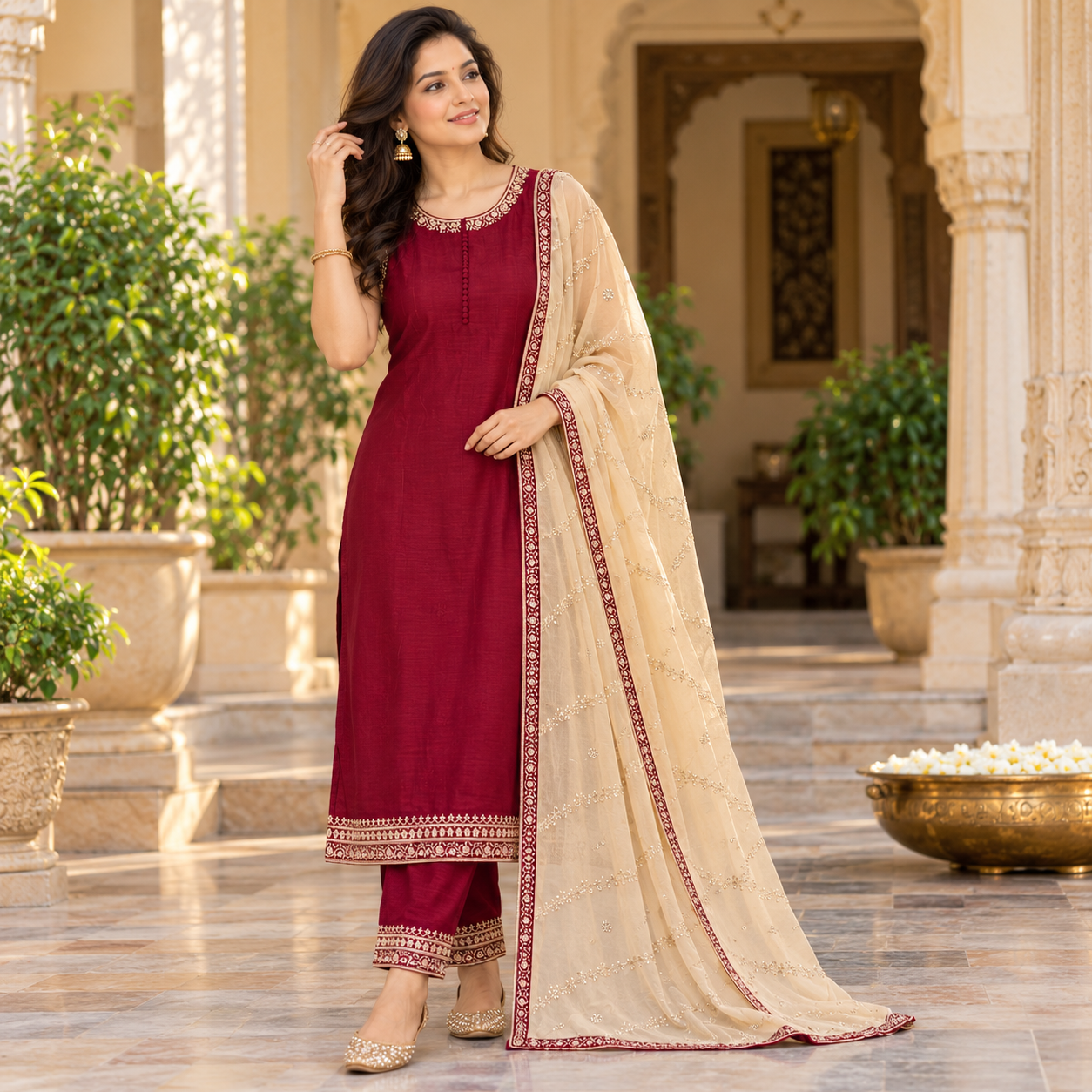 Maroon Embroidered Kurta Set with Matching Pants and Cream Dupatta