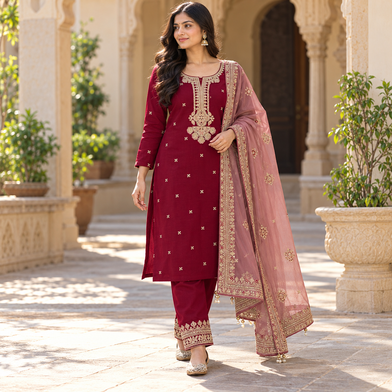 Wine Burgundy Embroidered Straight Kurta Set with Matching Pants and Dusty Rose Dupatta