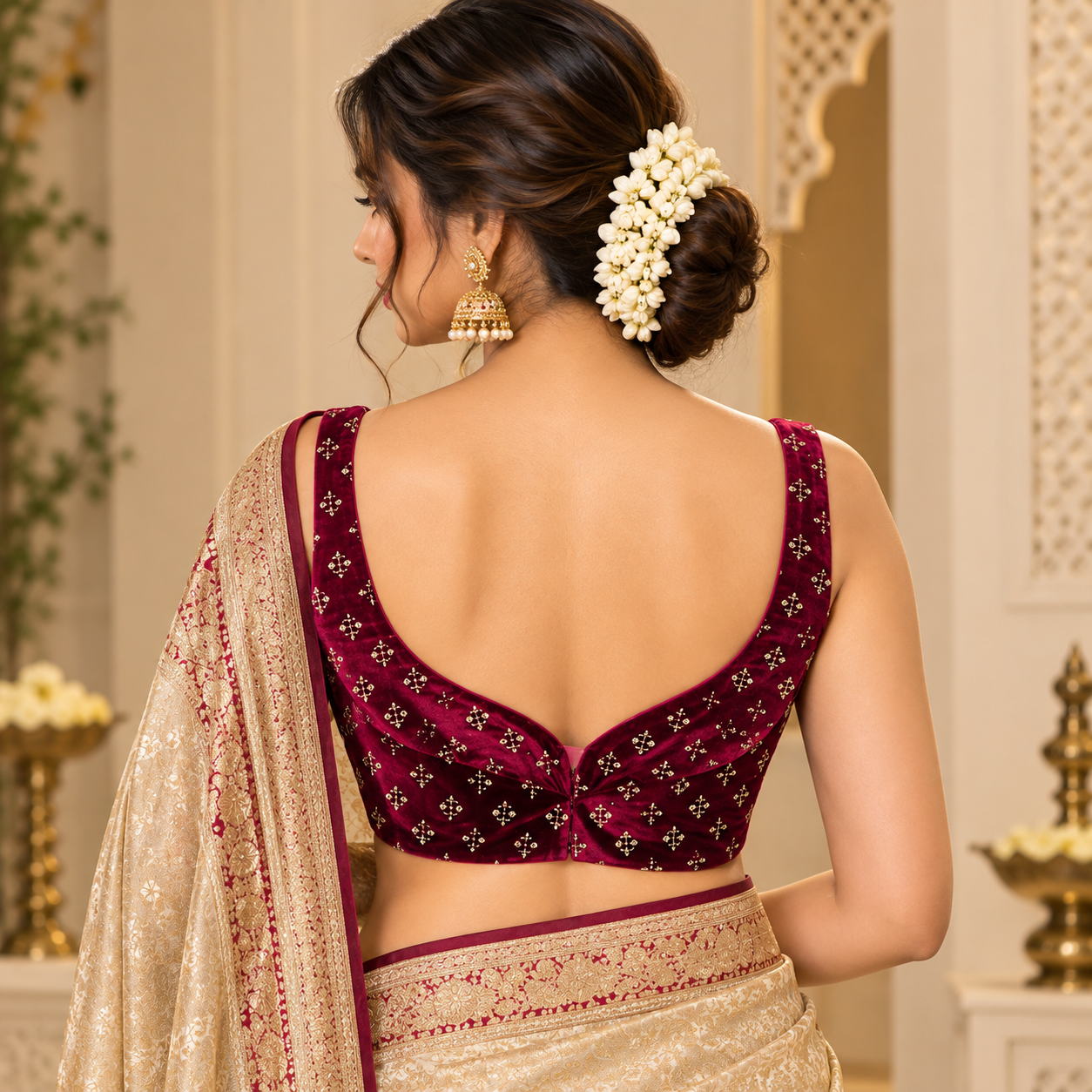 Maroon Velvet Embroidered Designer Blouse with Gold Motifs for Women