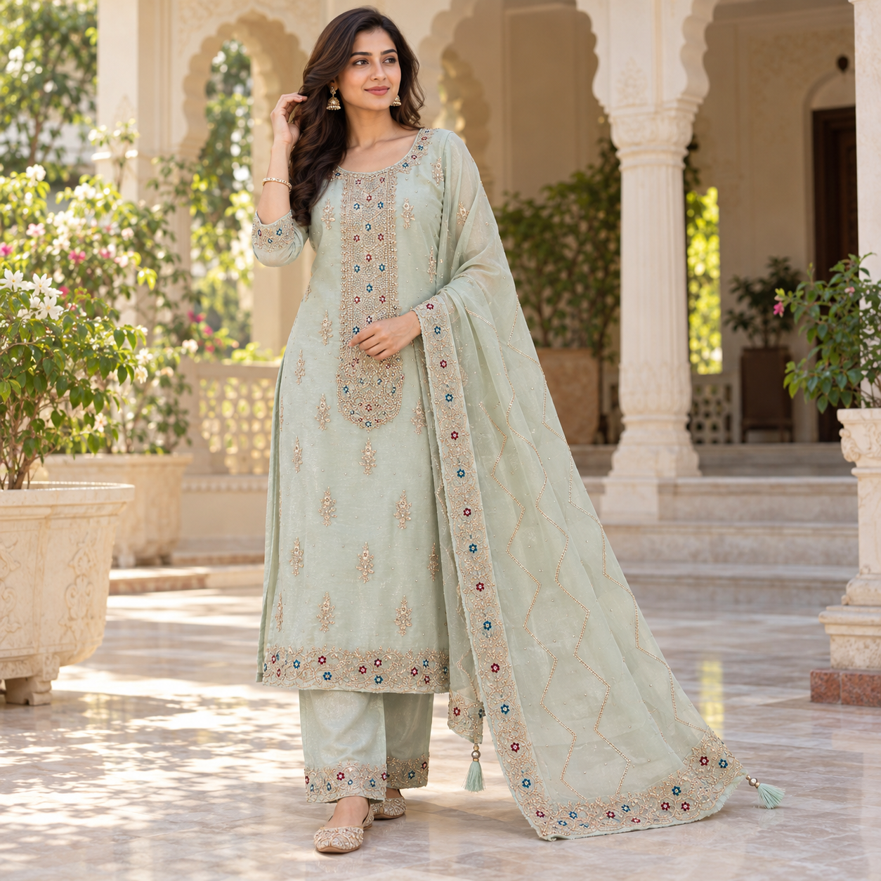 Pastel Mint Green Embroidered Salwar Suit with Designer Dupatta