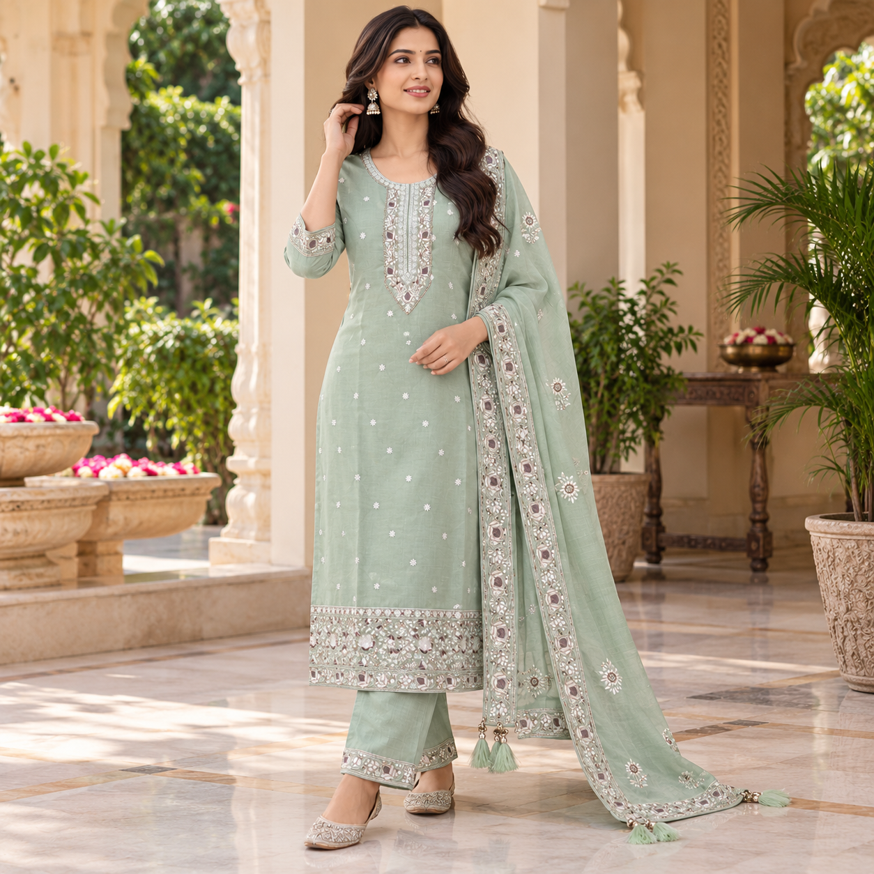 Pastel Mint Green Embroidered Kurta Set with Matching Pants and Designer Dupatta