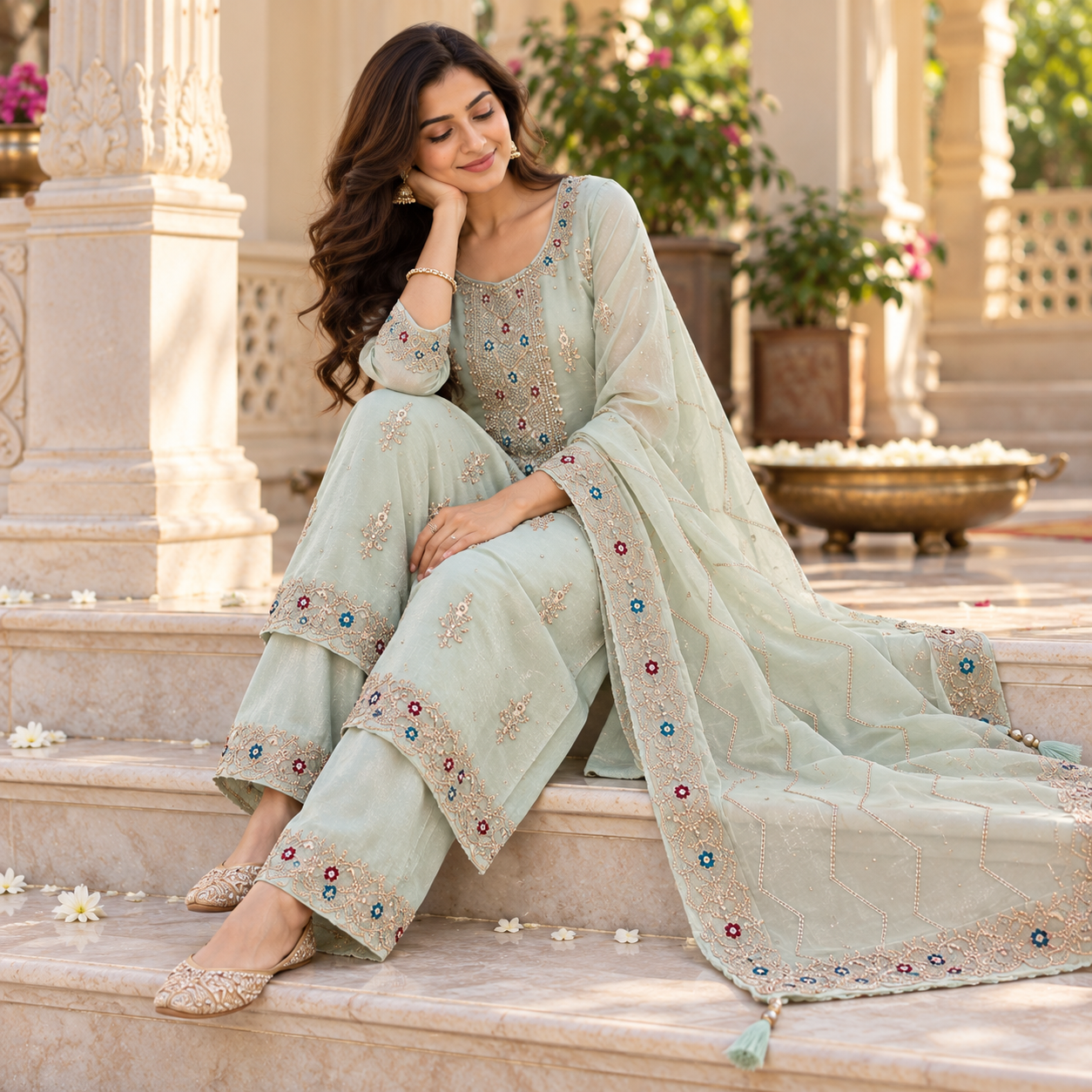 Pastel Mint Green Embroidered Salwar Suit with Designer Dupatta