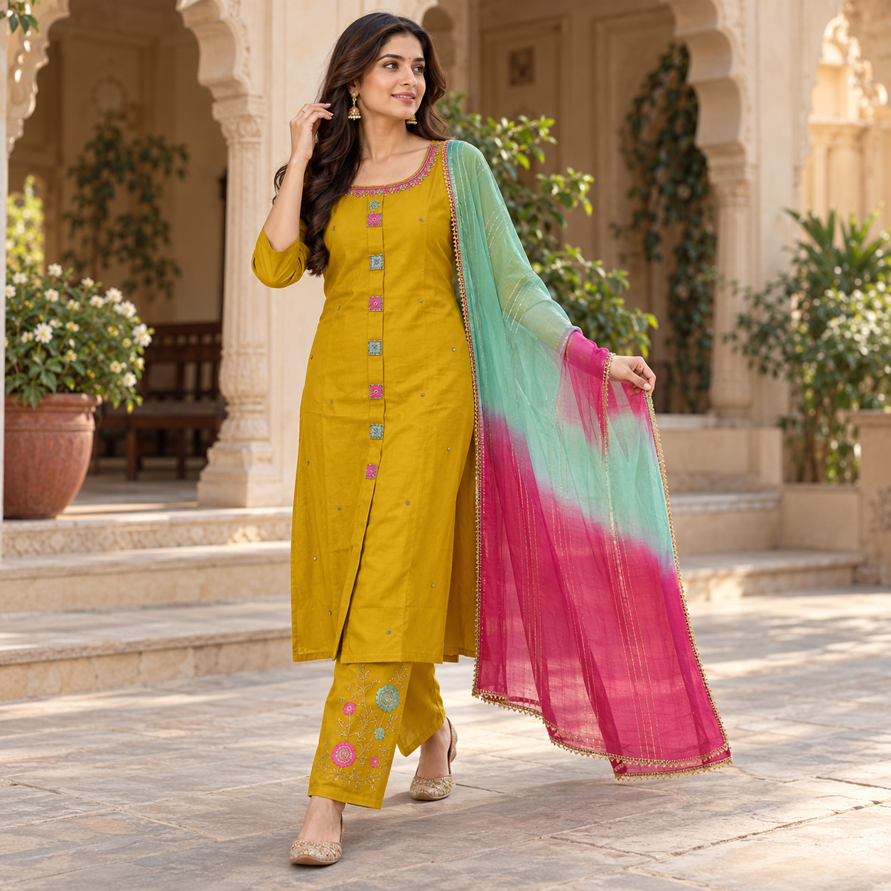 Mustard Yellow Embroidered Kurta Pant Set with Pink & Aqua Floral Work and Ombre Dupatta