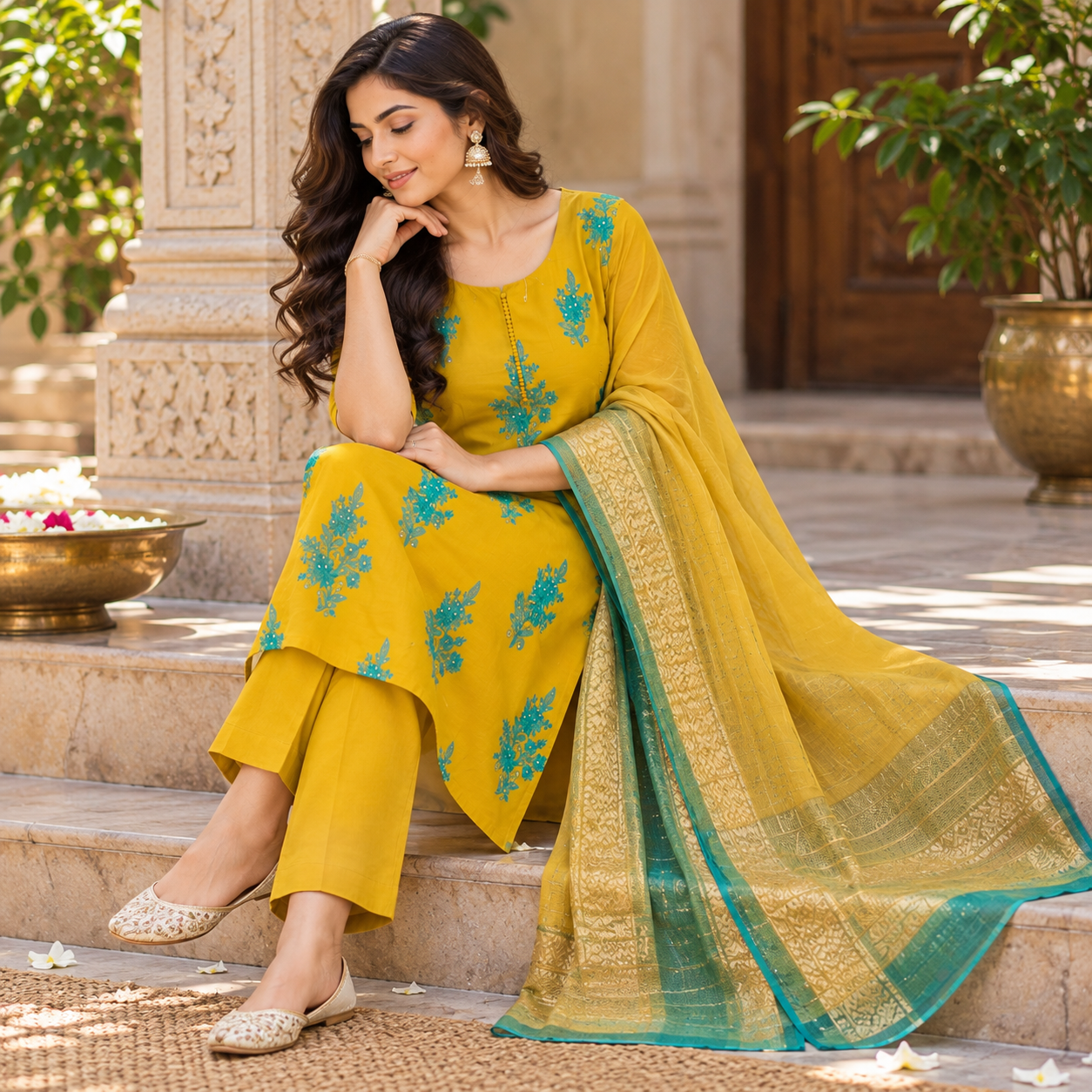 Mustard Yellow Kurta Pant Set with Teal Floral Embroidery and Gold Border Dupatta