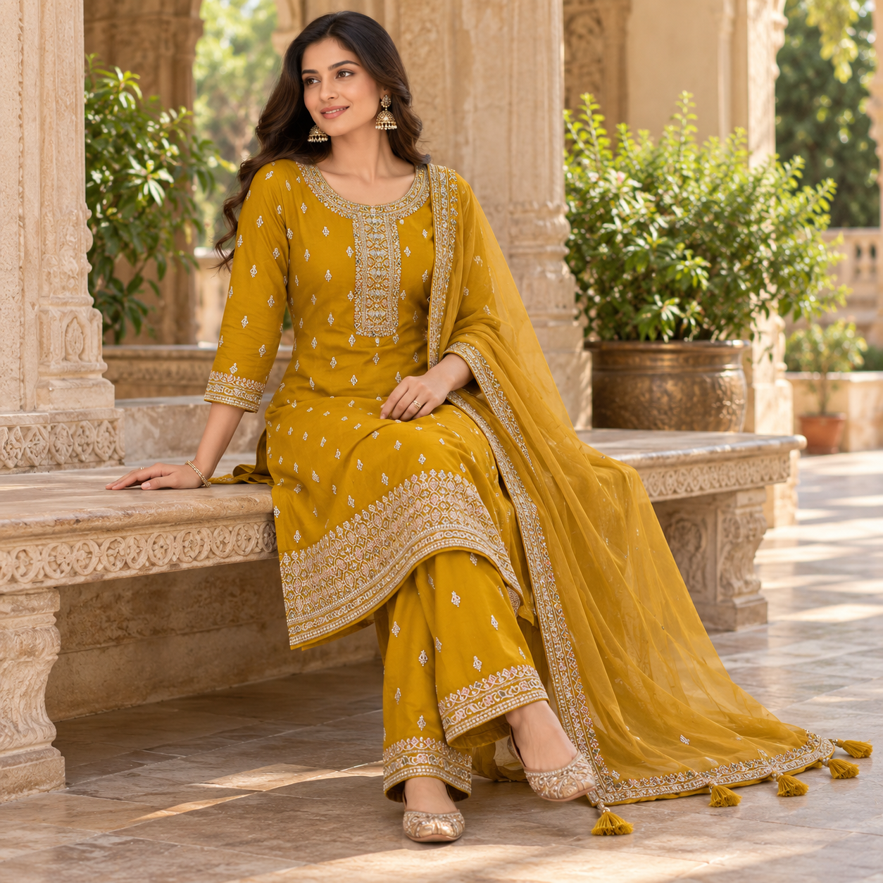 Mustard Yellow Embroidered Salwar Suit with Matching Dupatta