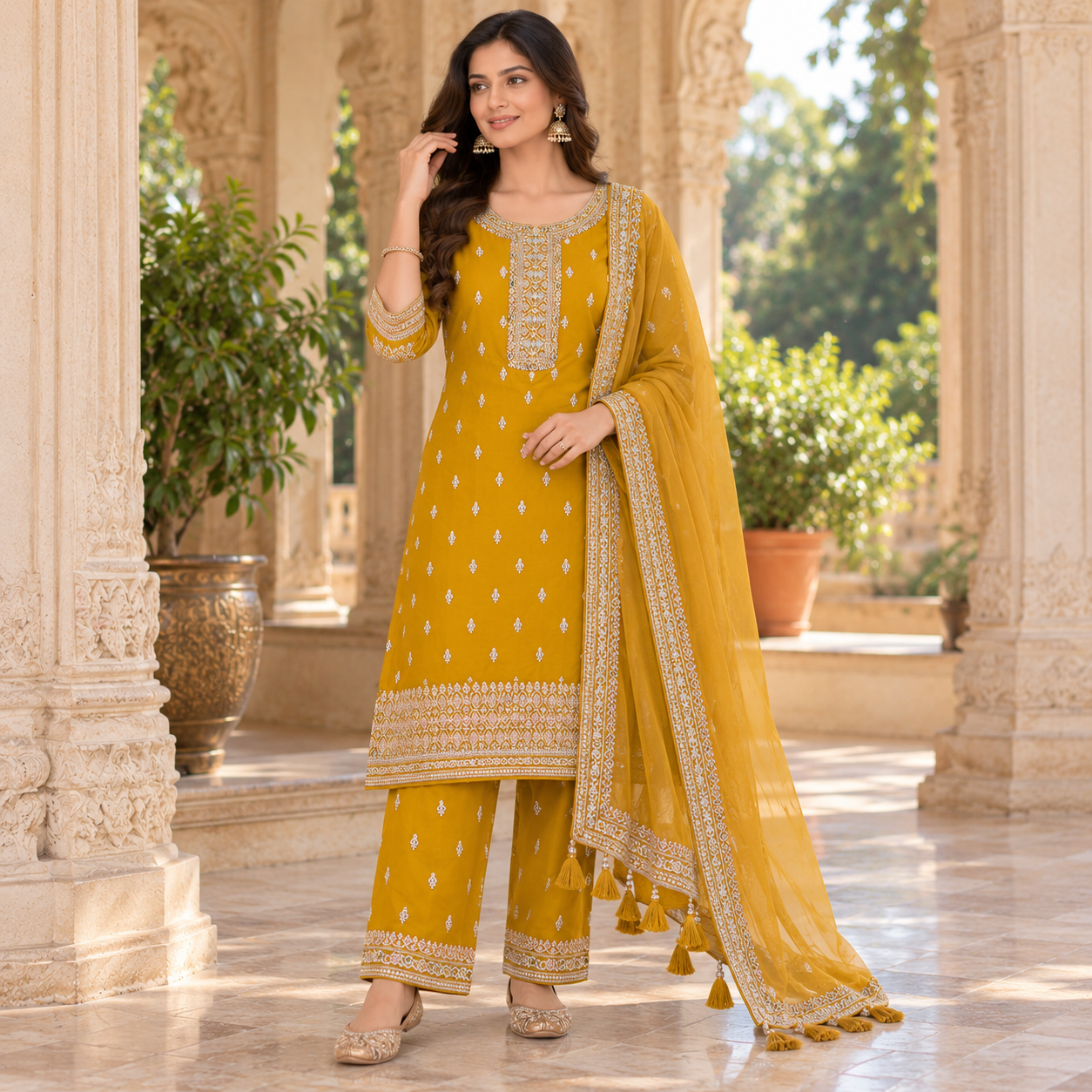 Mustard Yellow Embroidered Salwar Suit with Matching Dupatta