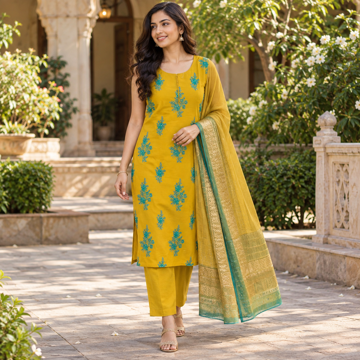 Mustard Yellow Kurta Pant Set with Teal Floral Embroidery and Gold Border Dupatta
