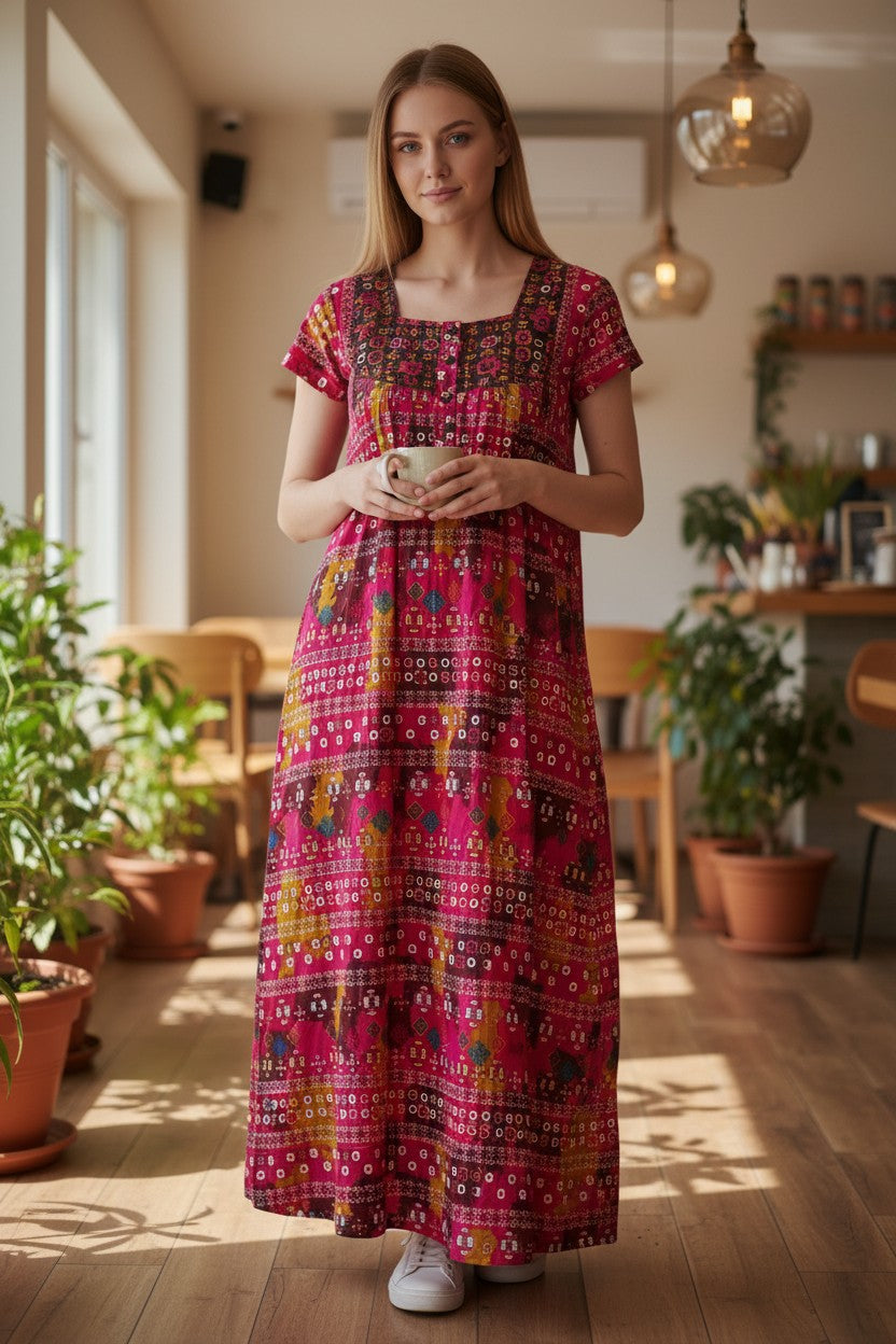 Elegant maroon printed cotton nightdress featuring a relaxed full-length silhouette for effortless comfort and everyday style.