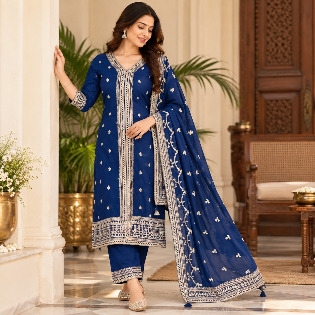 Royal Blue Embroidered Salwar Suit with Designer Dupatta