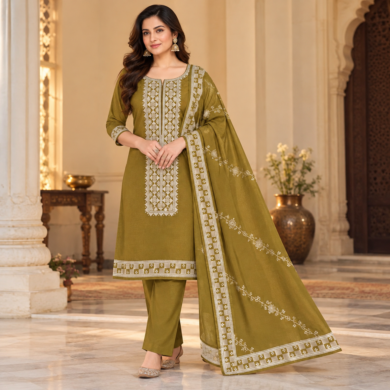 Olive Green Embroidered Kurta Set with Matching Palazzo Pants and Designer Dupatta