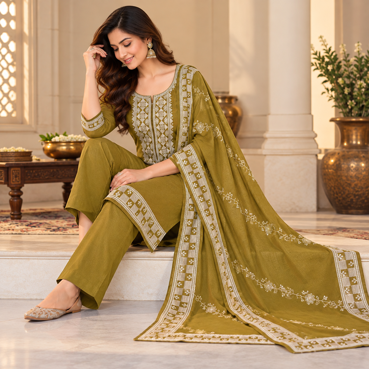 Olive Green Embroidered Kurta Set with Matching Palazzo Pants and Designer Dupatta