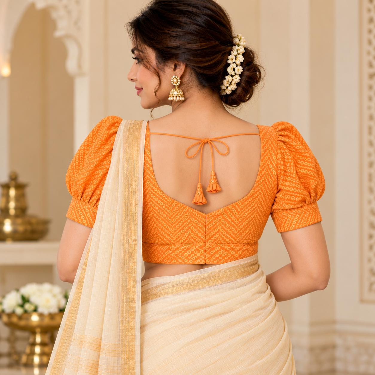 Elegant Orange Embroidered Puff Sleeve Blouse with Ivory Gold Flared Skirt