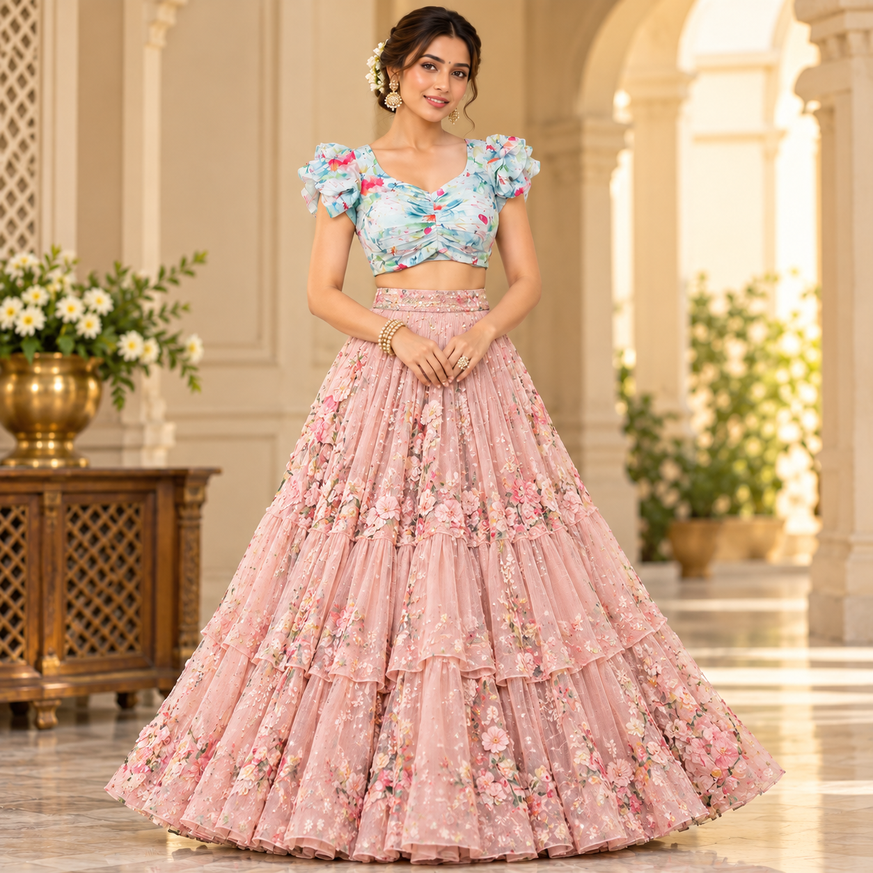 Pastel Floral Ruffle Sleeve Blouse with Dusty Pink Embroidered Lehenga