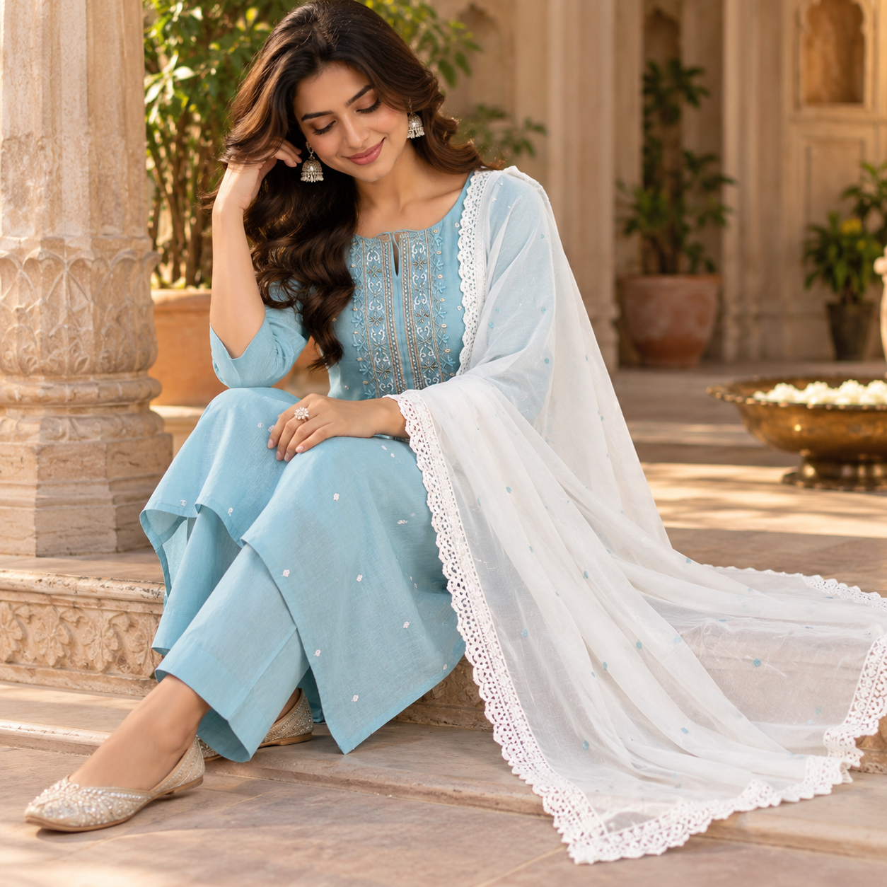 Pastel Blue Embroidered Kurta Set with Ivory Lace Dupatta