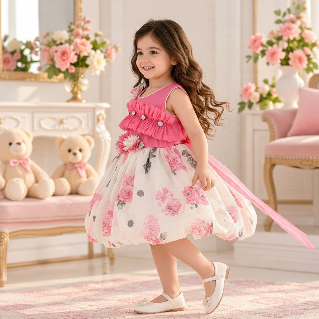 Pink Floral Kids Party Frock with Ruffled Bodice