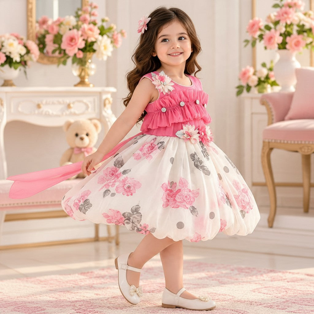Pink Floral Kids Party Frock with Ruffled Bodice