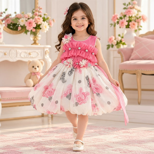Pink Floral Kids Party Frock with Ruffled Bodice