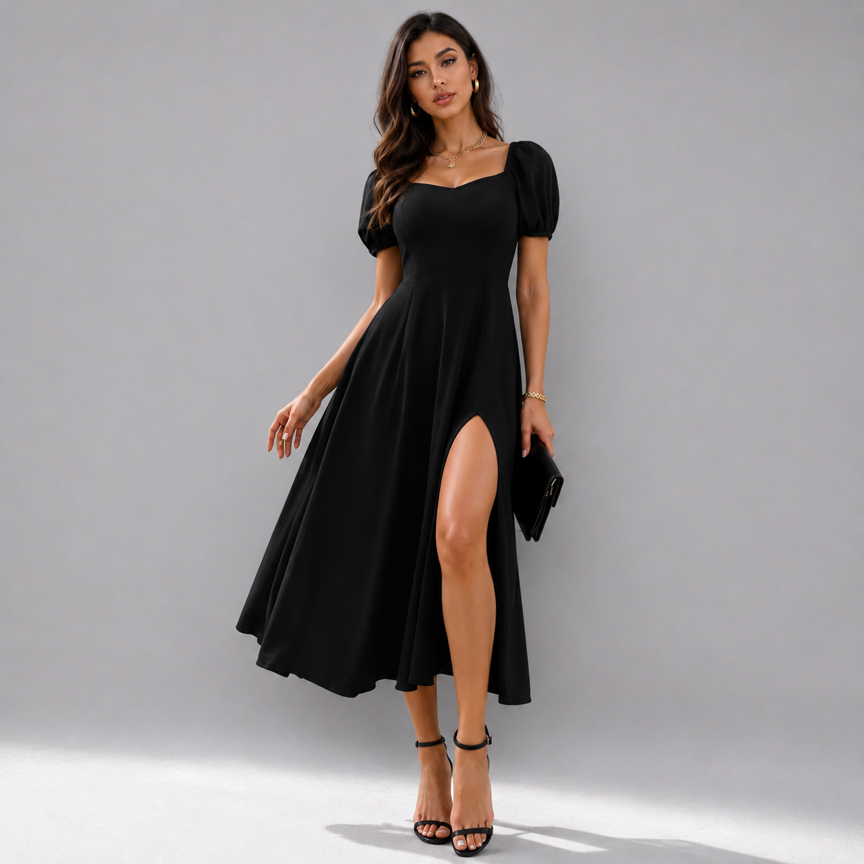 Elegant black slit midi dress with puff sleeves and a flattering flowy silhouette for a chic modern look.