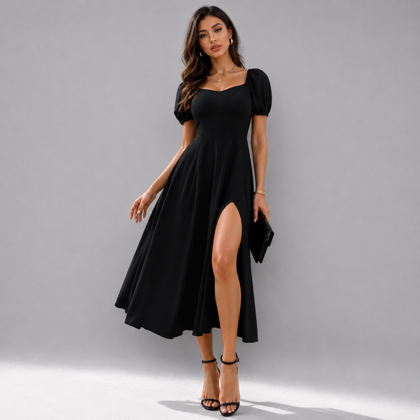 Elegant black slit midi dress with puff sleeves and a flattering flowy silhouette for a chic modern look.