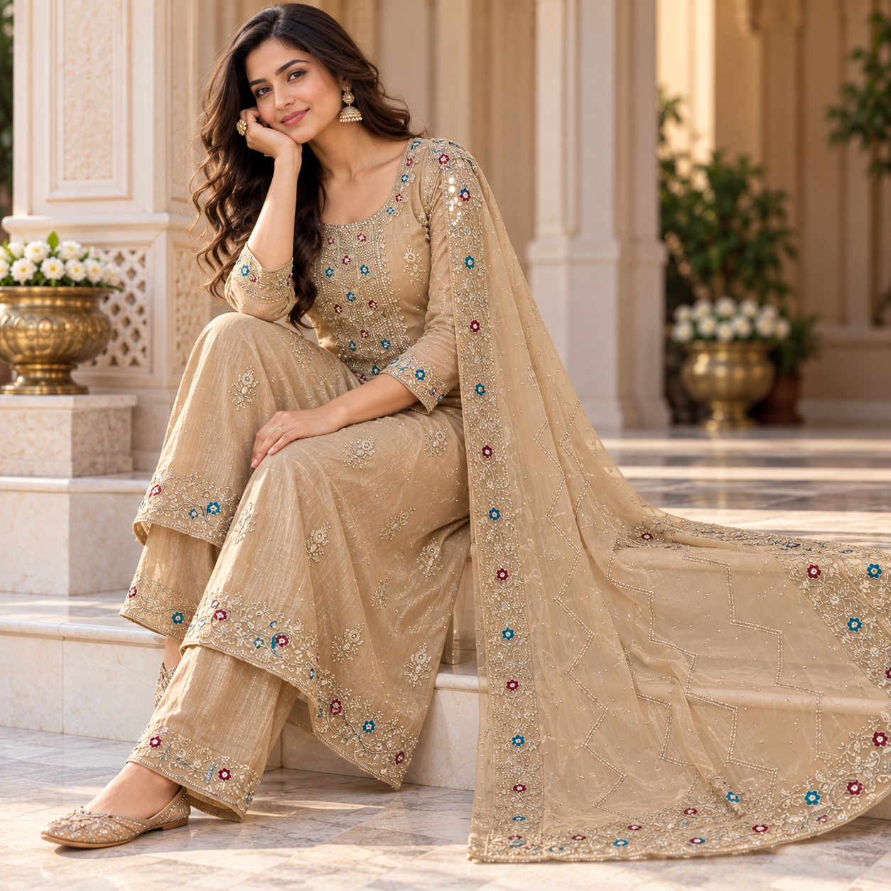 Beige Gold Embroidered Salwar Suit with Designer Dupatta