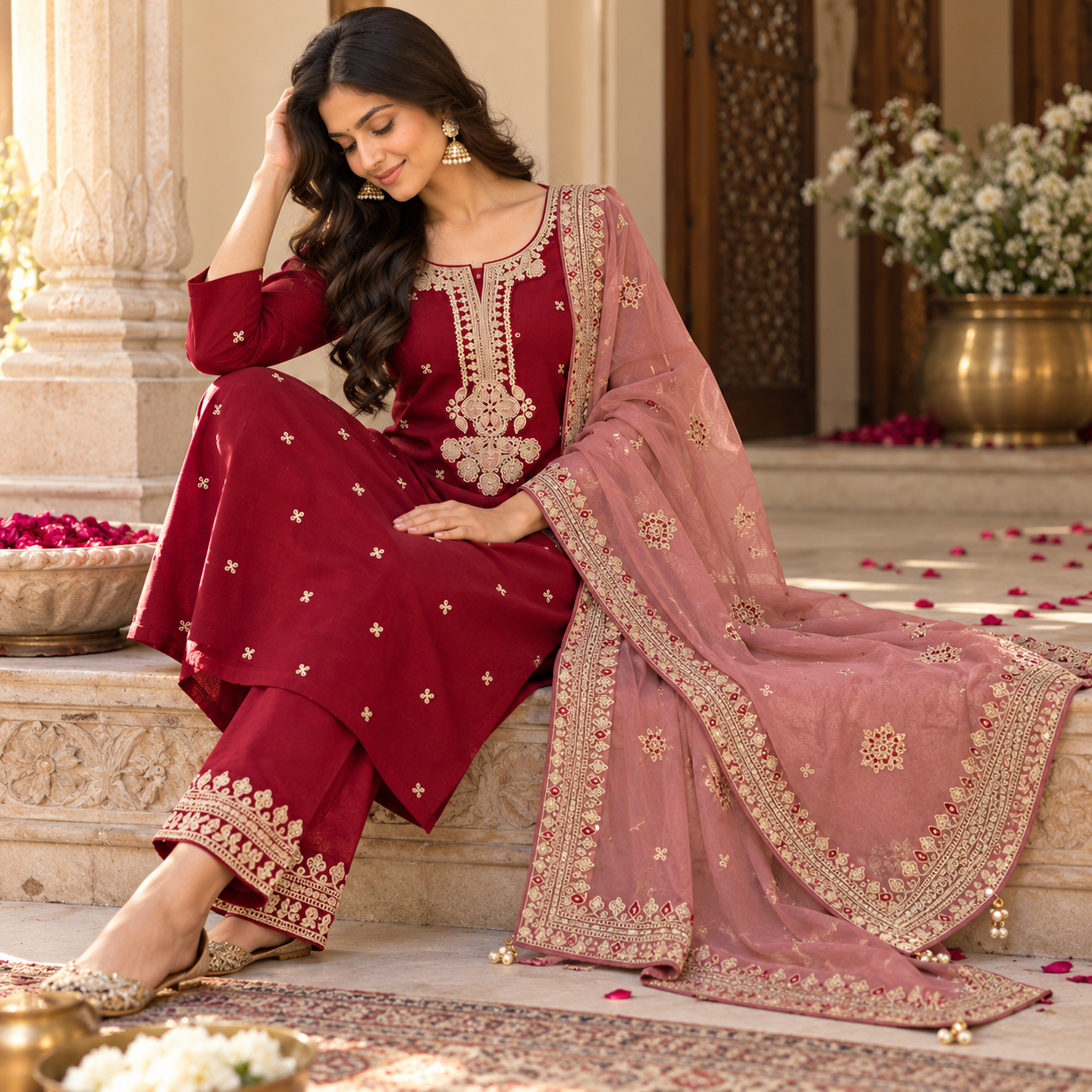 Wine Burgundy Embroidered Straight Kurta Set with Matching Pants and Dusty Rose Dupatta