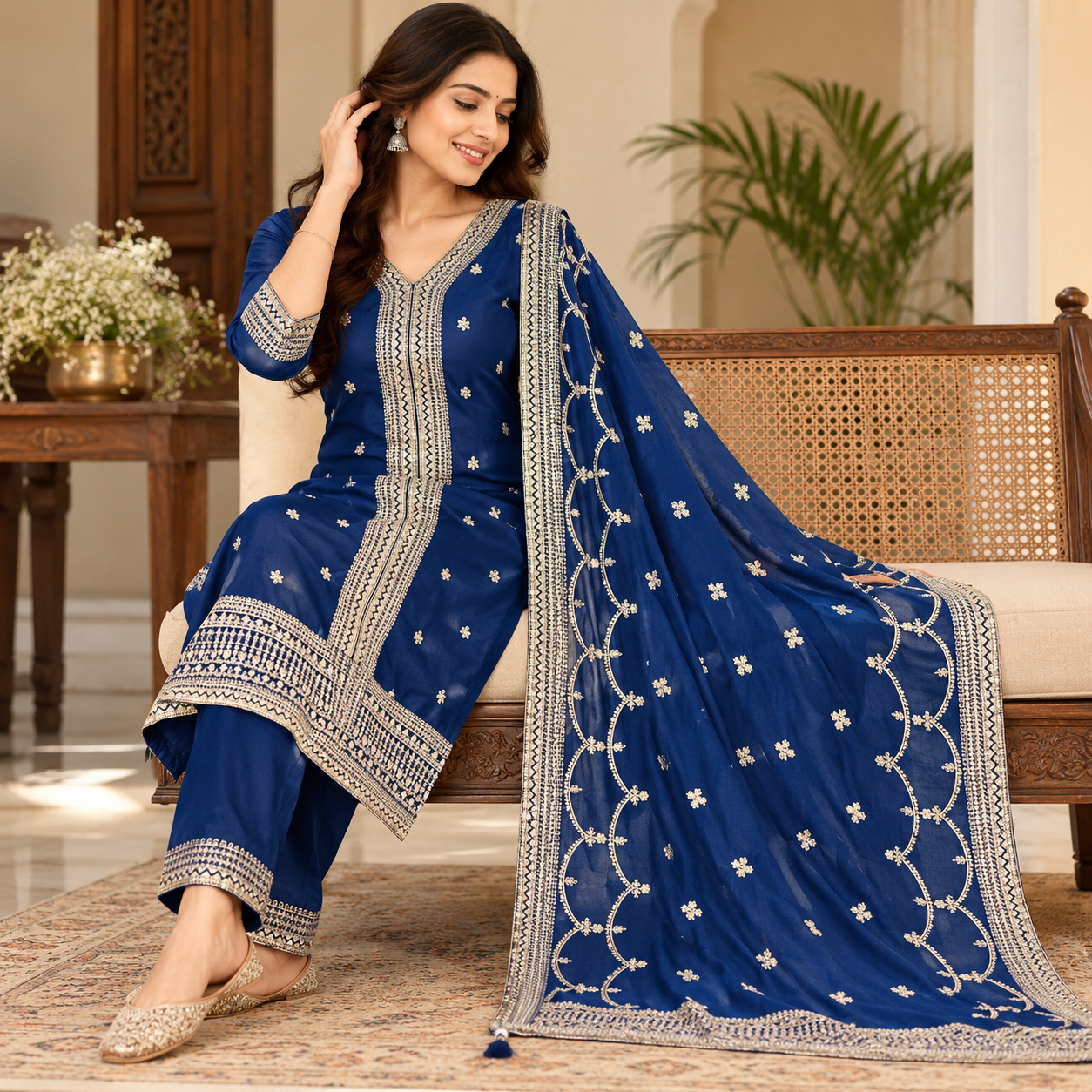 Royal Blue Embroidered Salwar Suit with Designer Dupatta