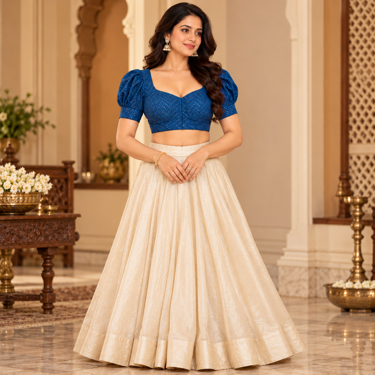 Royal Blue Embroidered Puff Sleeve Blouse with Ivory Gold Flared Lehenga Skirt