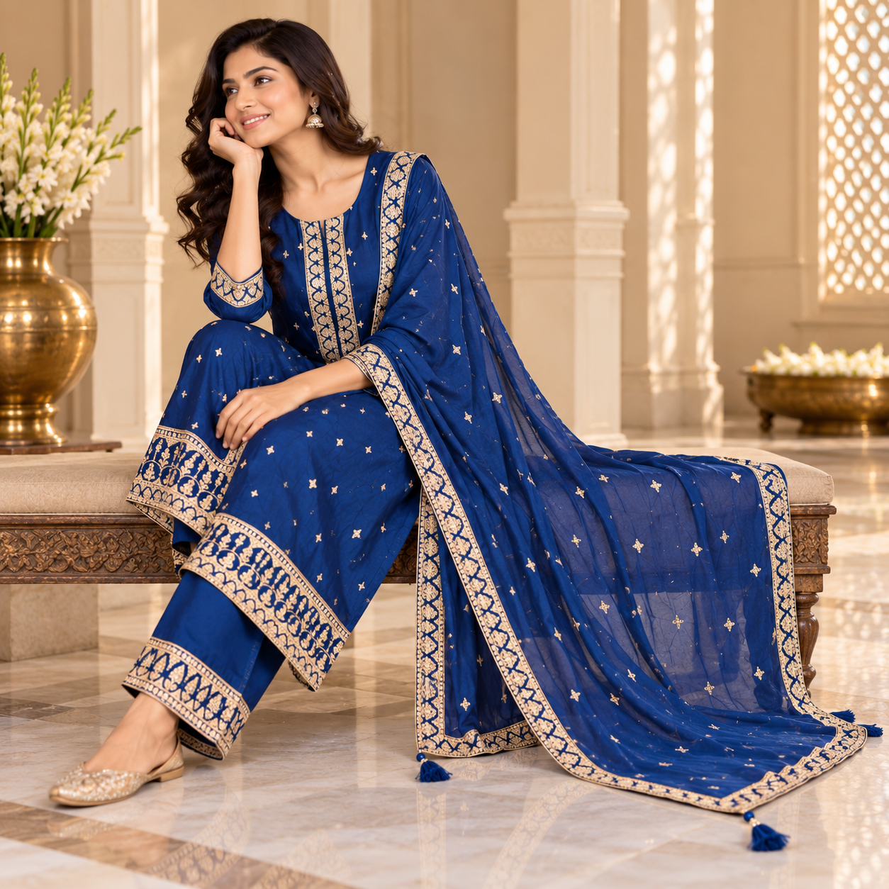 Royal Blue Embroidered Salwar Suit with Gold Detailing & Flowing Dupatta