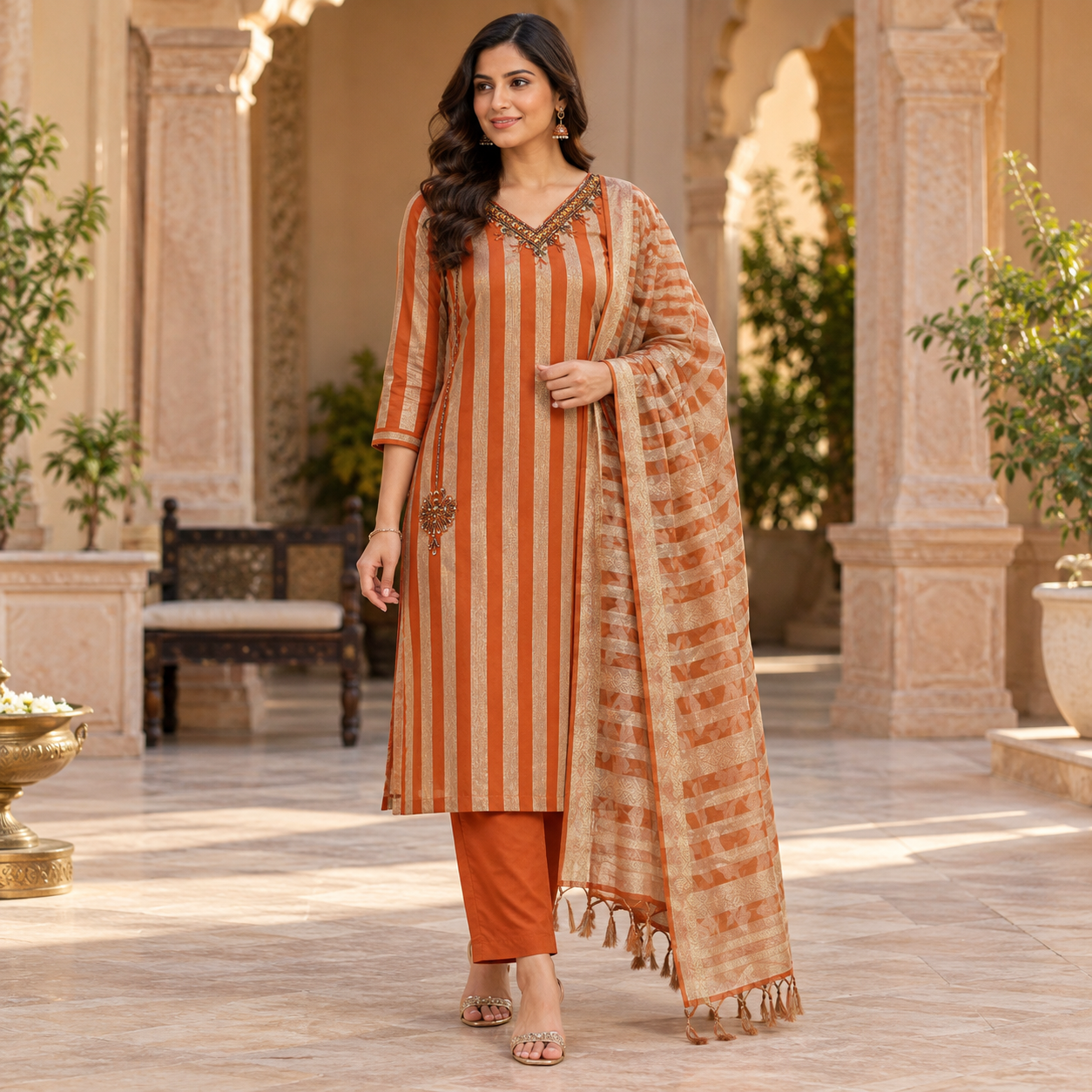 Rust Orange and Golden Zari Striped Kurta Set with Matching Pants and Designer Dupatta