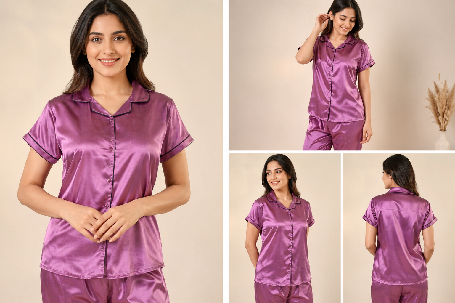 Solid Satin Short-Sleeve Pajama Set with Contrast Piping
