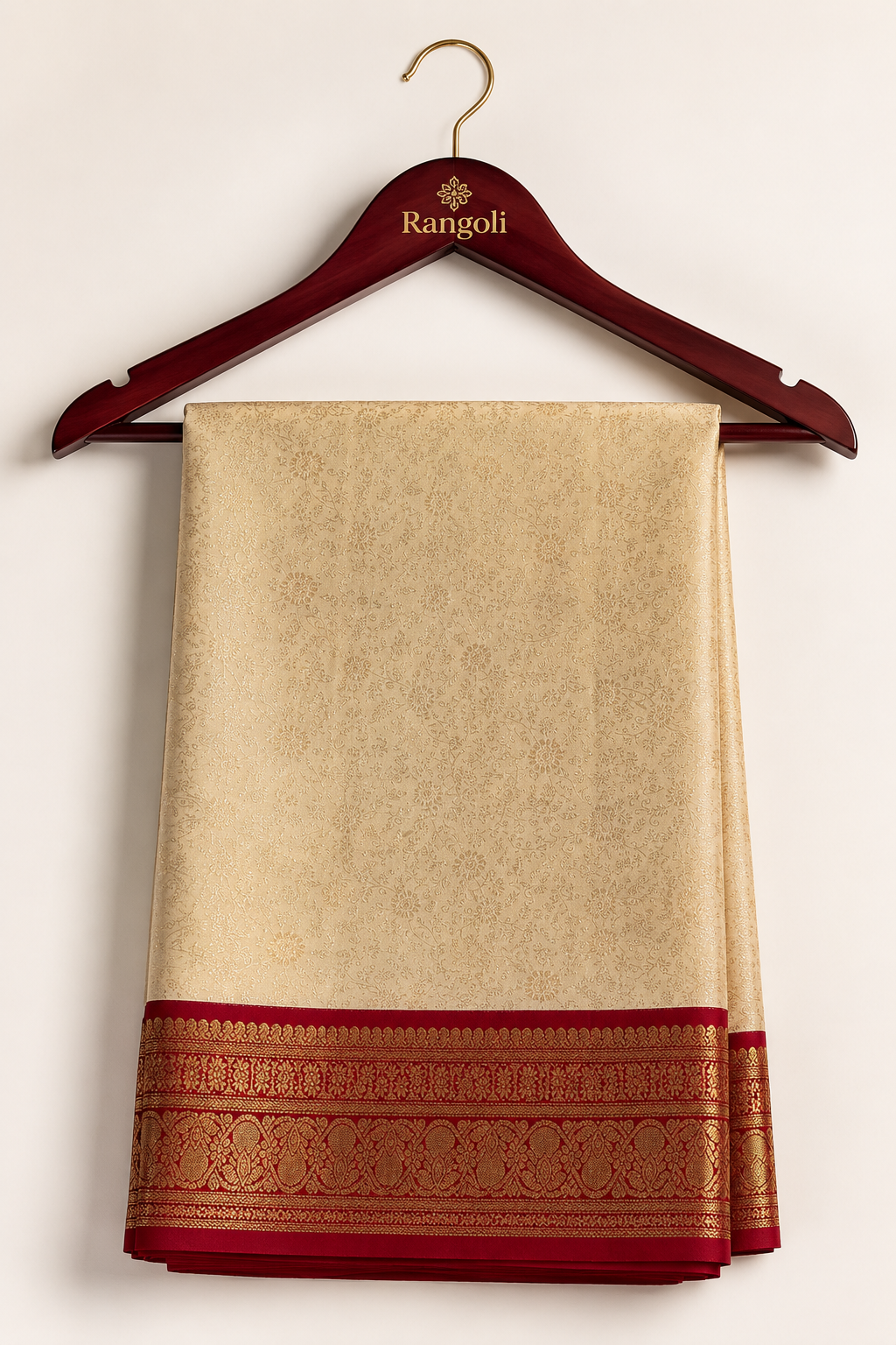 Elegant off-white silk saree with intricate self-weaving and rich red zari border for a timeless traditional look.