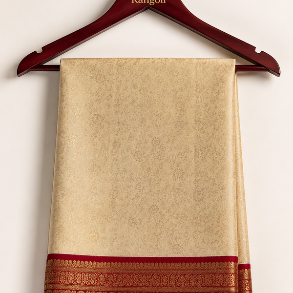 Elegant off-white silk saree with intricate self-weaving and rich red zari border for a timeless traditional look.