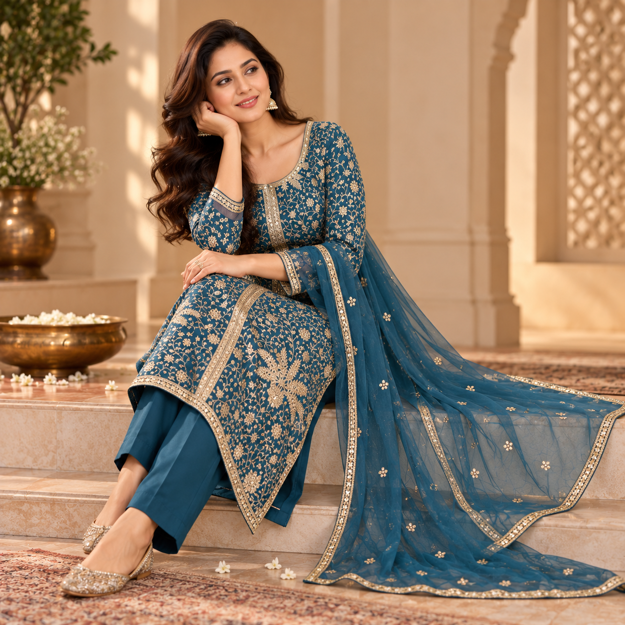 Royal Teal Blue Embroidered Salwar Suit with Gold Work and Net Dupatta