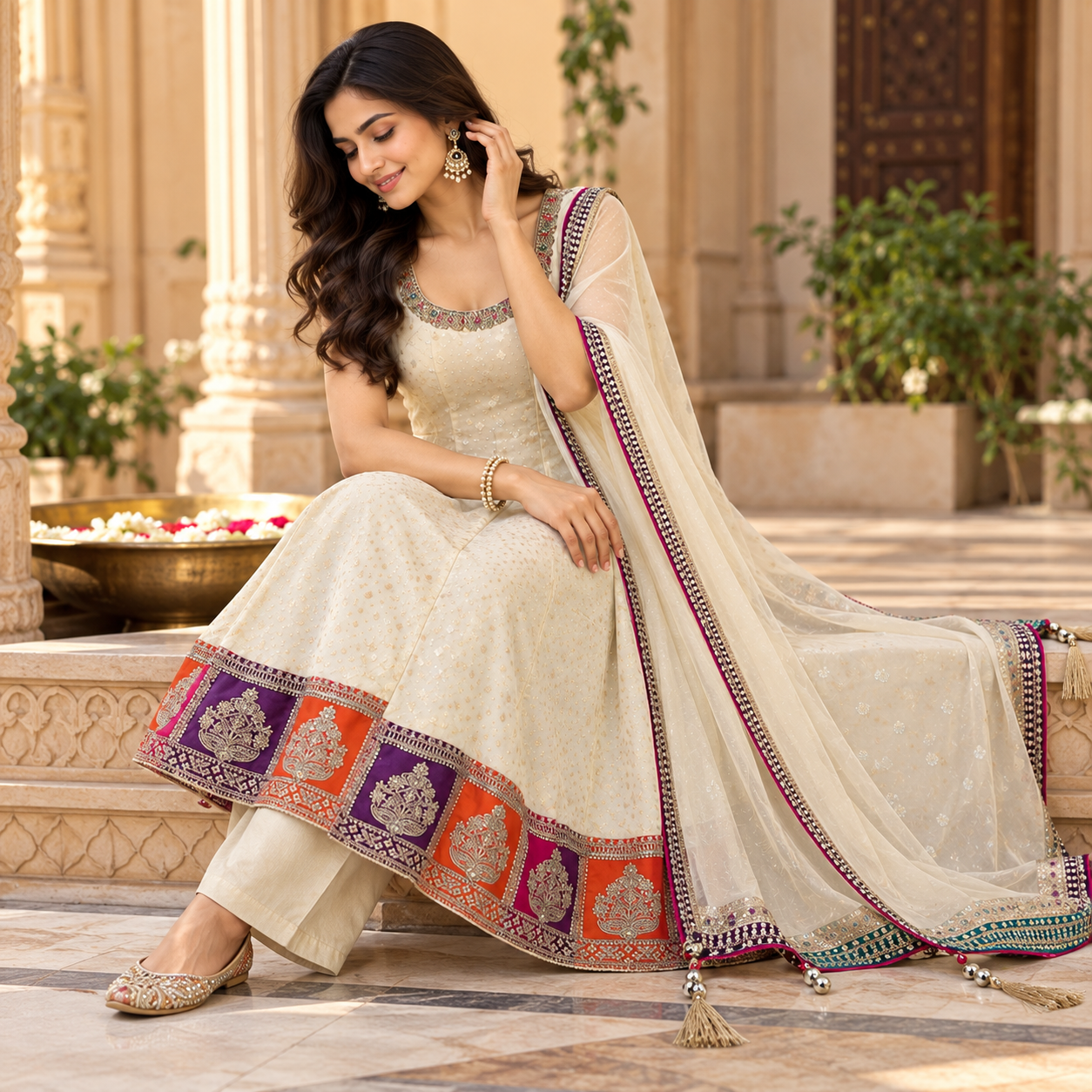 Elegant Ivory Anarkali Suit Set with Multicolour Embroidered Hem and Matching