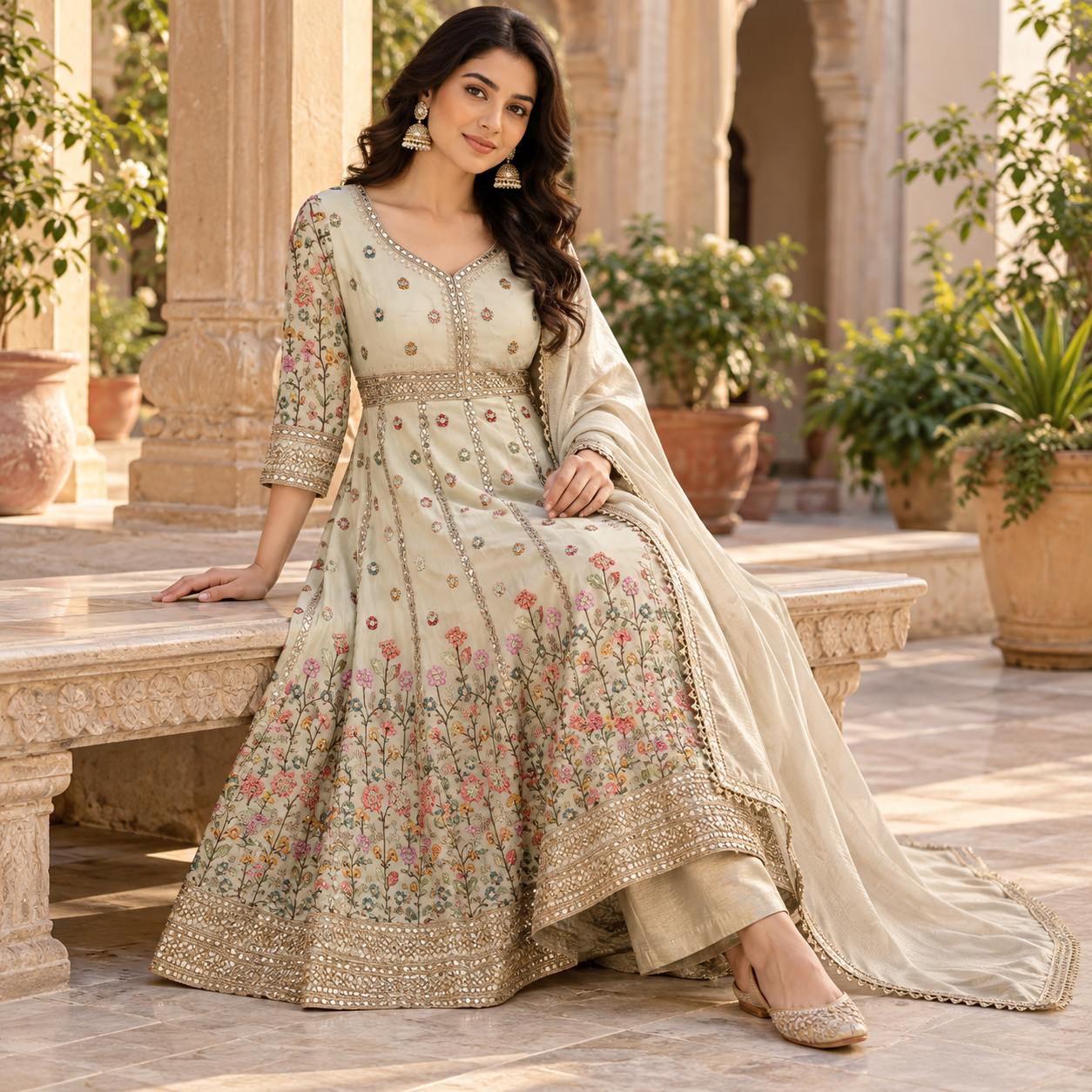 Elegant Ivory Floral Embroidered Anarkali Suit Set with Mirror Work and Dupatta