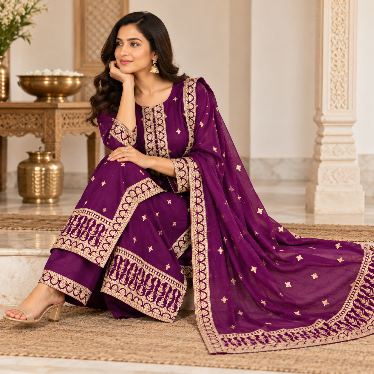 Regal Plum Purple Embroidered Anarkali Suit Set with Dupatta