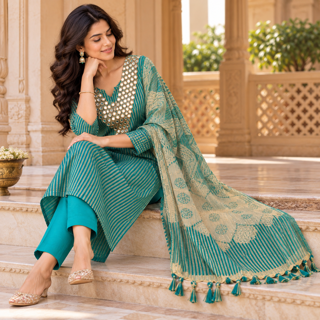 Teal Green & Gold Striped Kurta Set with Mirror-Work Neckline, Matching Pants and Designer
