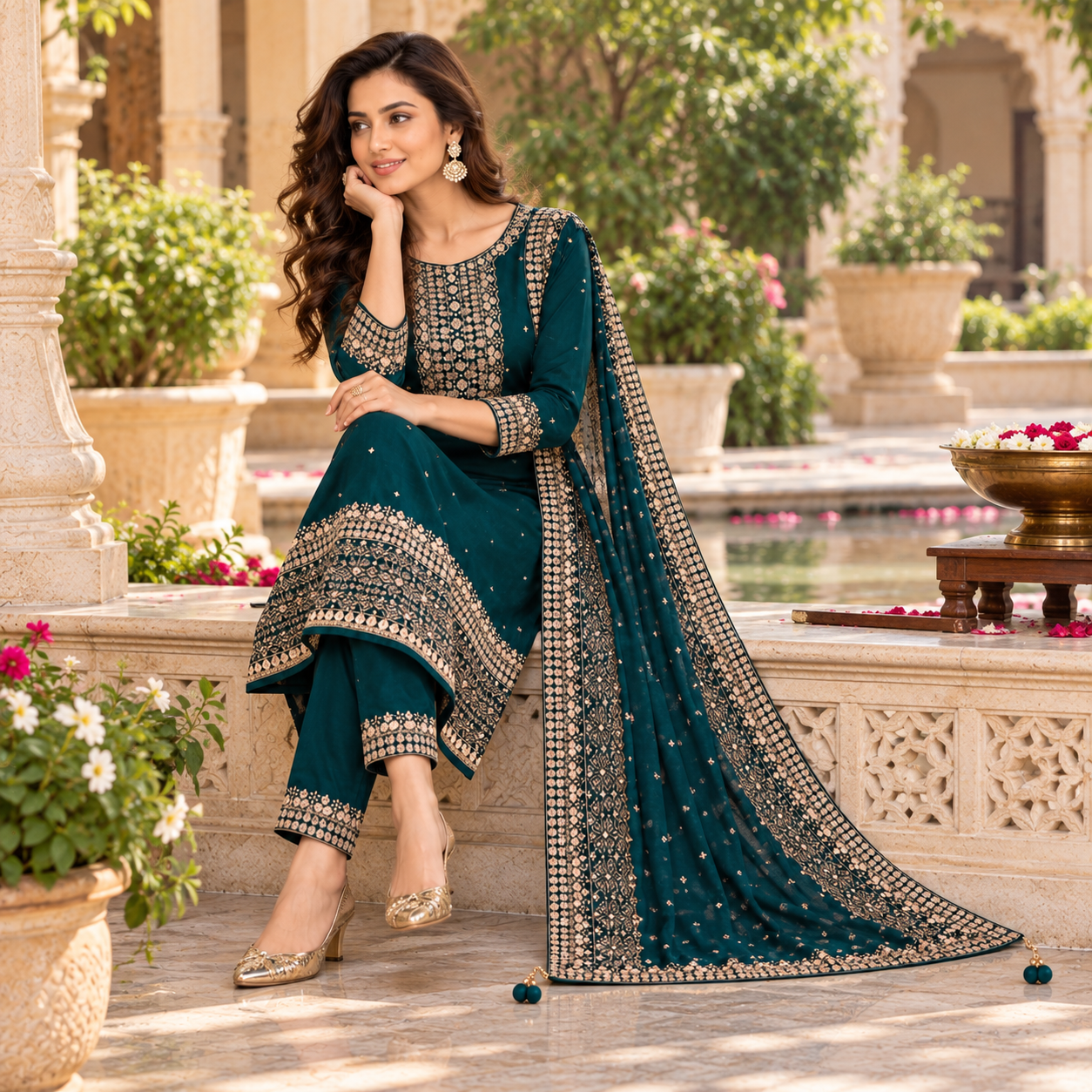 Elegant Teal Green Embroidered Salwar Suit with Designer Chunni
