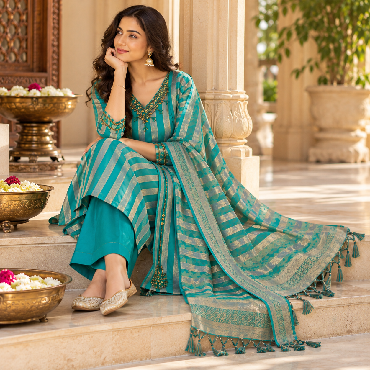 Teal Blue & Silver Striped Embroidered Salwar Suit with Matching Dupatta