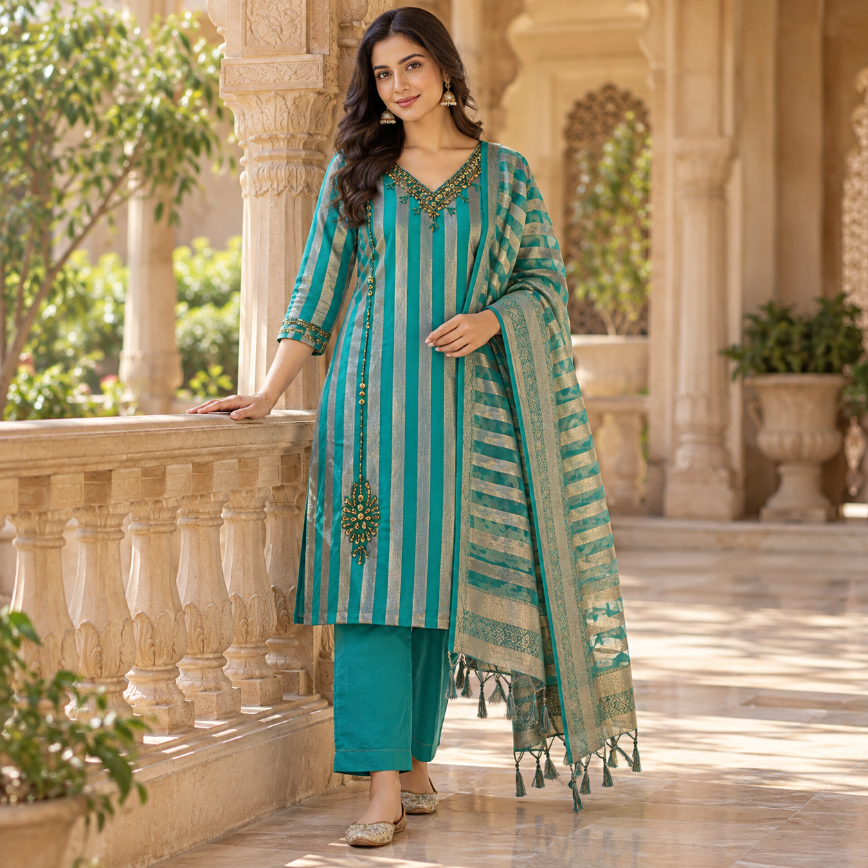 Teal Blue & Silver Striped Embroidered Salwar Suit with Matching Dupatta
