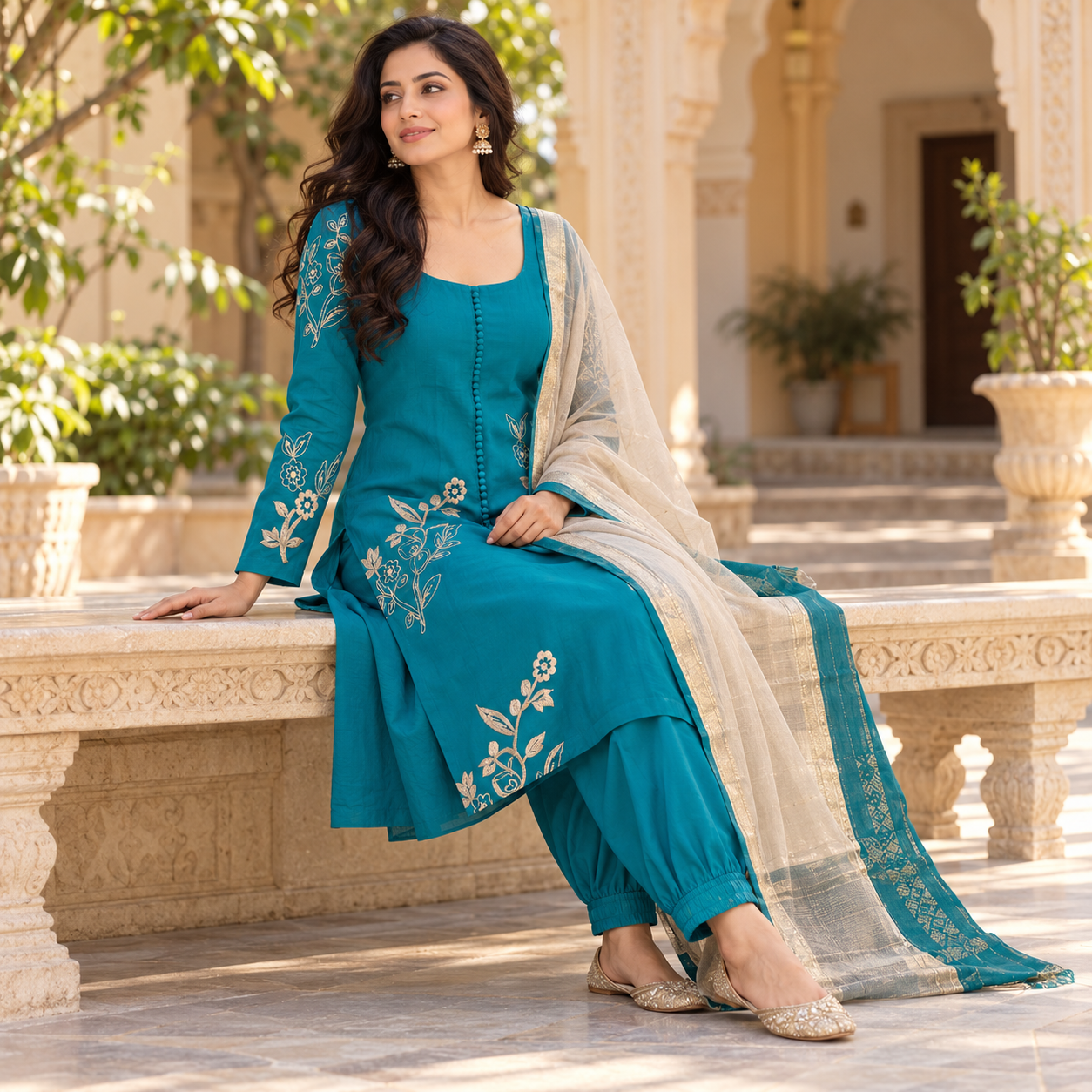Teal Blue Embroidered Kurta Set with Matching Pants and Cream Dupatta