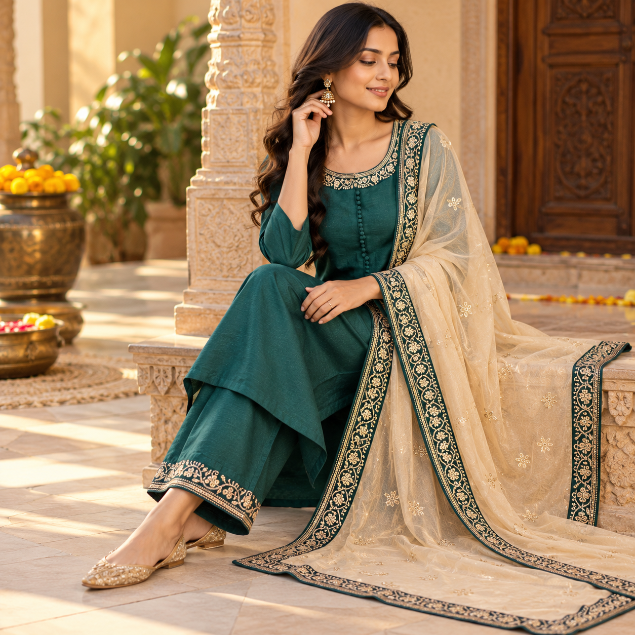 Elegant Teal Green Embroidered Kurta Set with Matching Pants and Beige Gold Dupatta