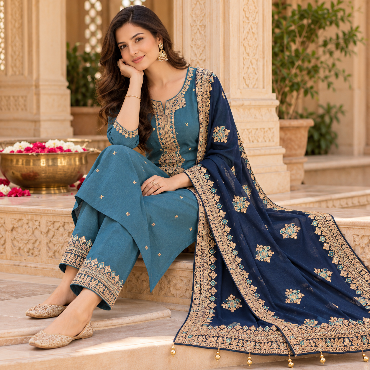 Teal Blue Embroidered Kurta Pant Set with Navy Blue Designer Dupatta