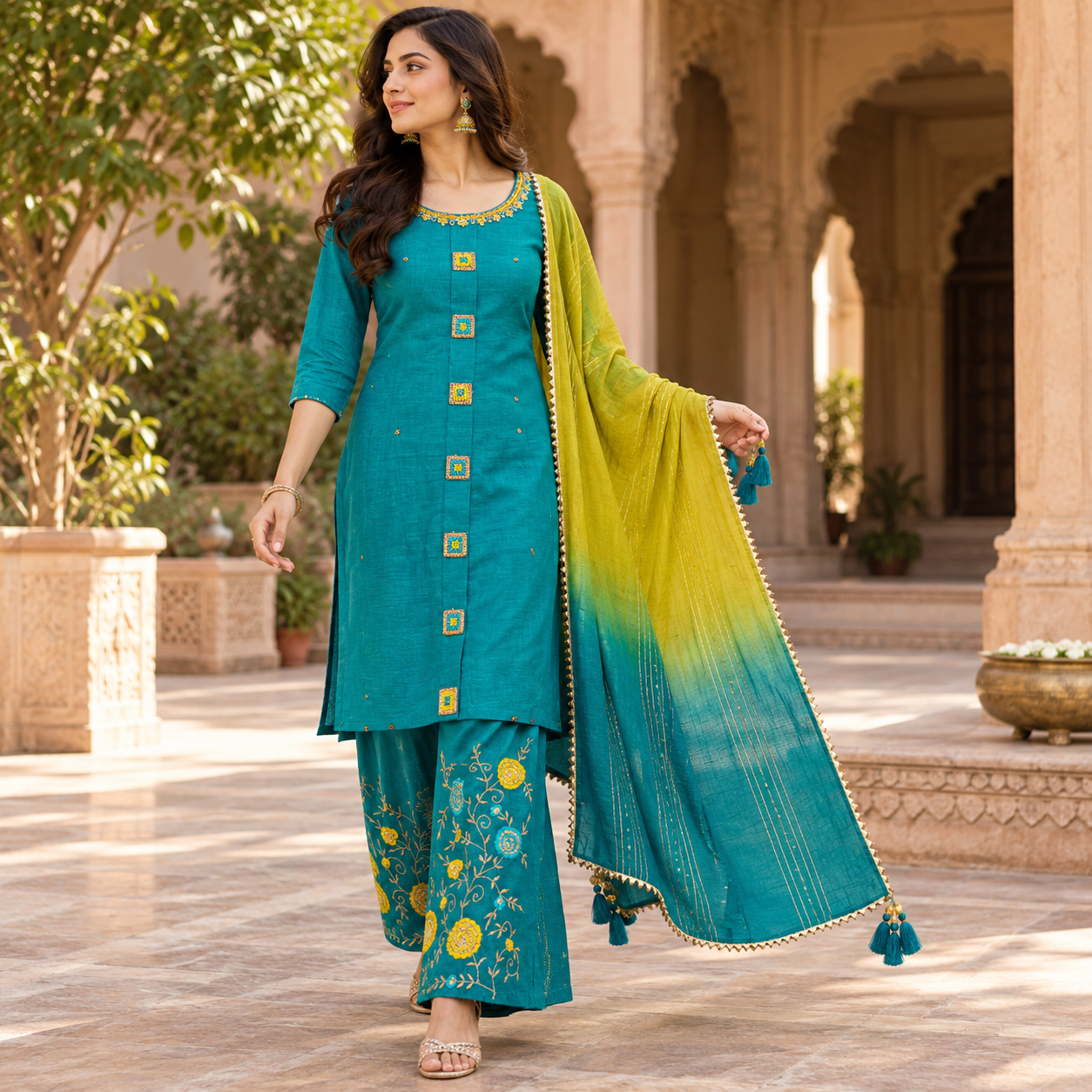 Teal Blue Embroidered Kurta Set with Floral Palazzo Pants and Ombre Dupatta